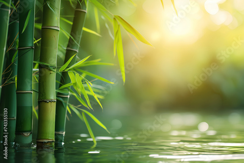 Aligned bamboo stalks gently sway in water against a sunlit backdrop, creating a tranquil and natural scene. The verdant greenery of the bamboo stems complements the serene Asian-inspired landscape, 