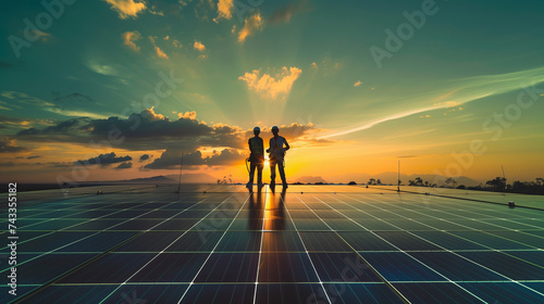 Silhouetted Workers at Sunset Installing Photovoltaic Panels on a Sustainable Energy Farm. Alternative electricity source. sustainable resources. Renewable, Clean energy and environment.