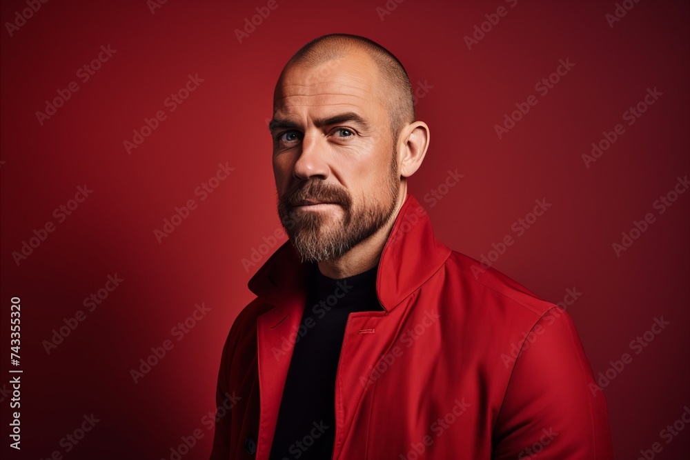 Portrait of a brutal man in a red jacket on a red background.