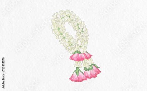 Hand painted watercolor style traditional Thai garland used in various festivals in Thailand to offer to monks or give to respected elders as a tradition. Made with jasmine, dahlia and rose flowers.