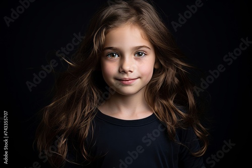 Portrait of a cute little girl with long hair on a black background