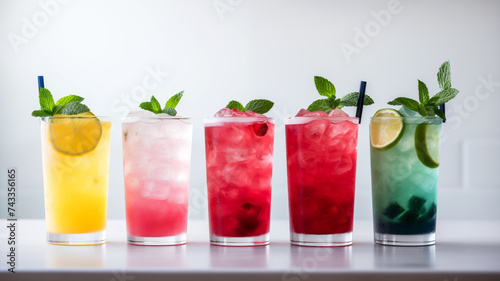 Set of different delicious mocktails on white background