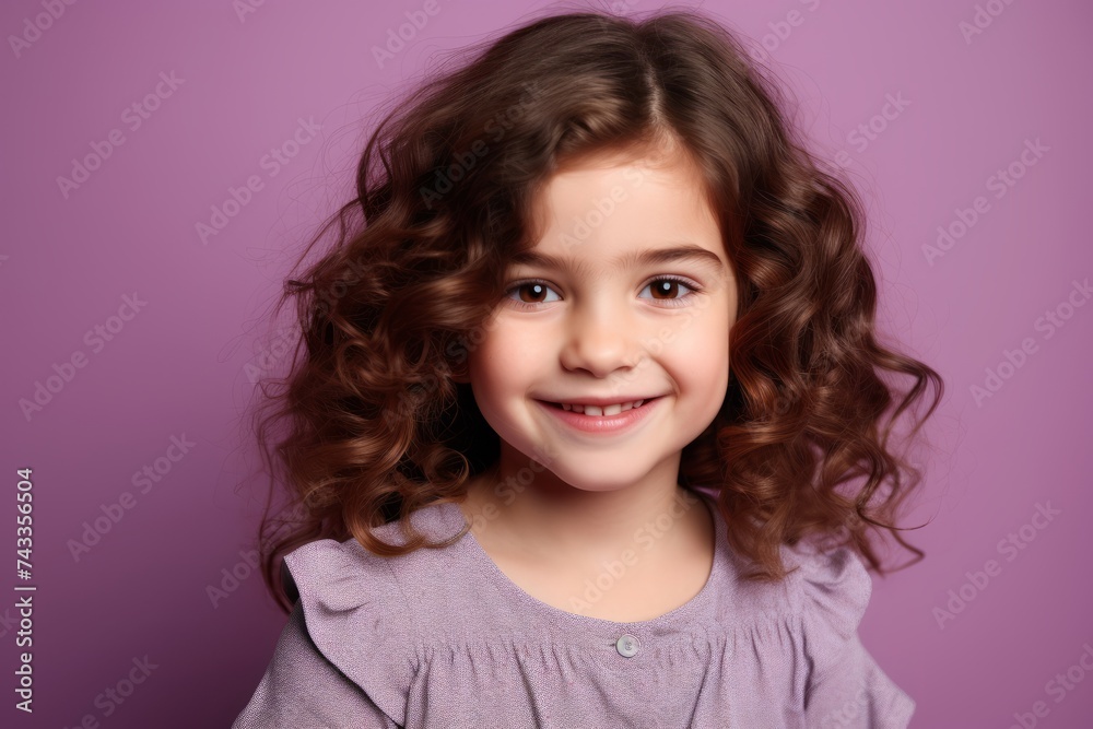 Portrait of a cute little girl with curly hair on a purple background. Portrait of a cute little girl with curly hair on a purple background.