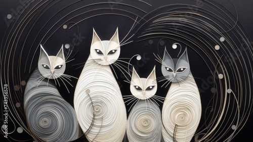 Illustration of perturbed cats in black and white quillwork