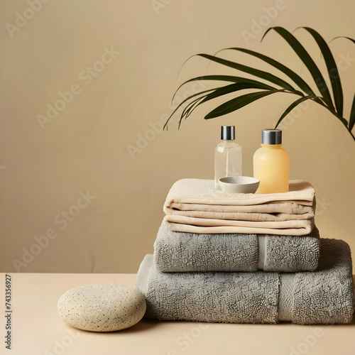 Spa and wellness composition with towels and beauty products. Wellness center, hotel, bodycare