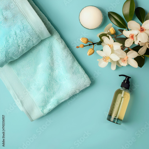 Spa and wellness composition with towels and beauty products. Wellness center, hotel, bodycare