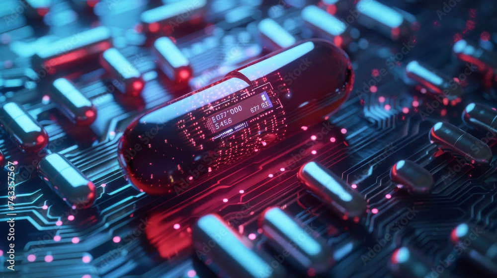 A closeup of a smart pills microchip displaying its ability to store and transmit important data about the medication and its effects. - obrazy, fototapety, plakaty 
