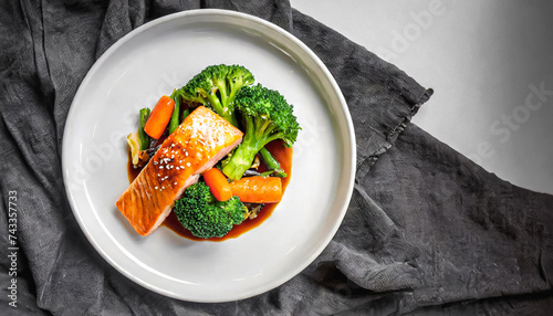 steam salmon, samlon dish. top view of steam salmon and vegetables in teriyaki sauce with cauliflower, broccoli and carrot, copy space, healthy food photo