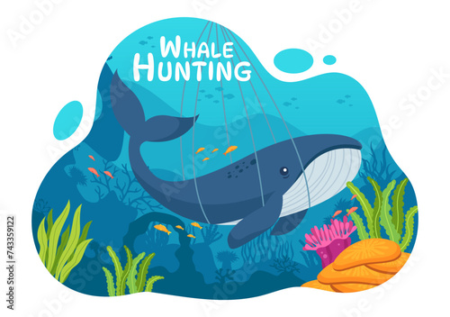 Whale Hunting Vector Illustration with the Activity of Catch Whales to Obtain Products that Humans can use by Illegally in Flat Cartoon Background