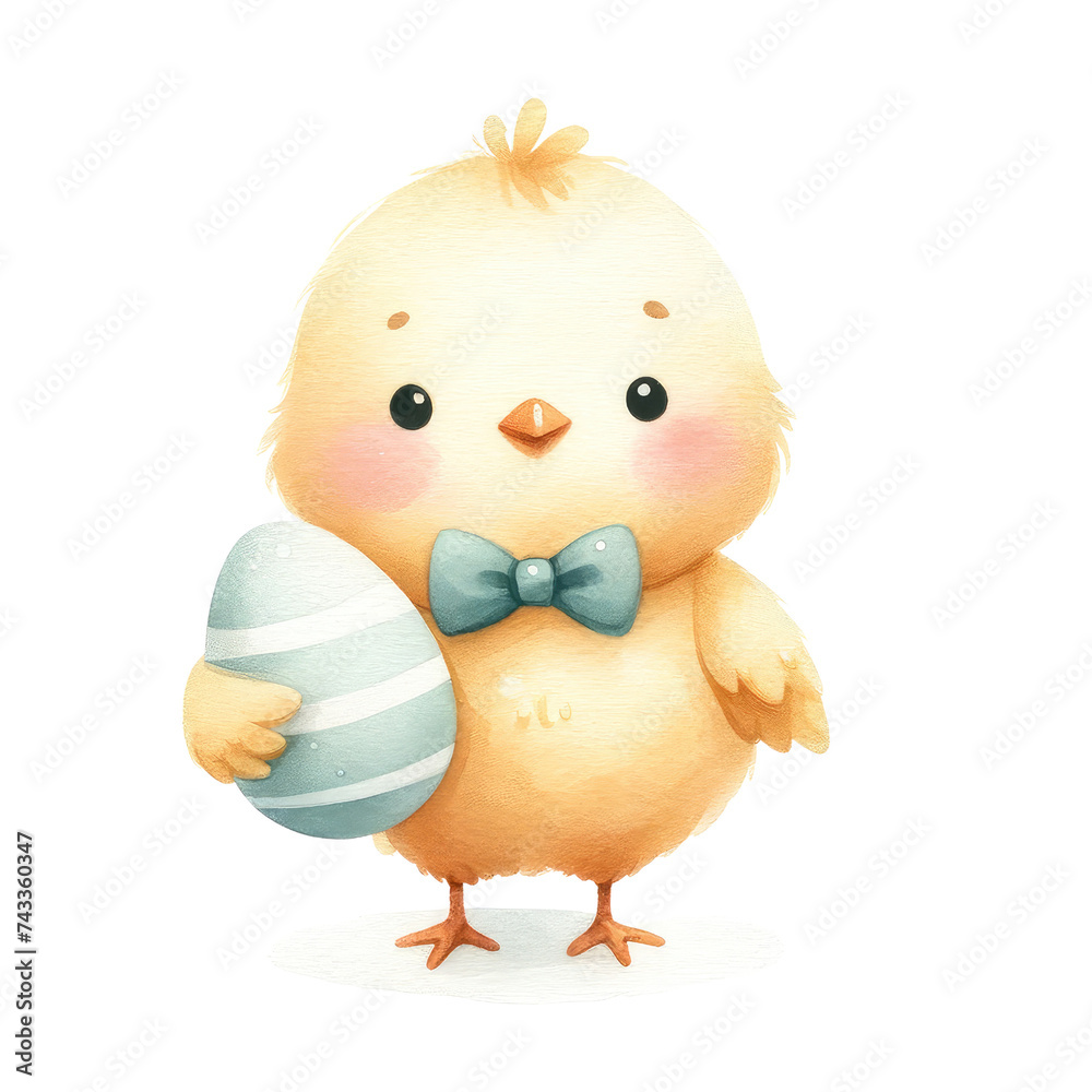 Chick wearing a bowtie and holding an egg. watercolor illustration, easter chicken and easter eggs. Chick wearing a bowtie and holding an egg. watercolor illustration, easter chicken and easter eggs.