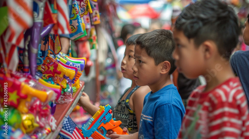 Groups of children eagerly perusing the toy section eyeing brightly colored cap guns and mini American flags to wave during the parade.
