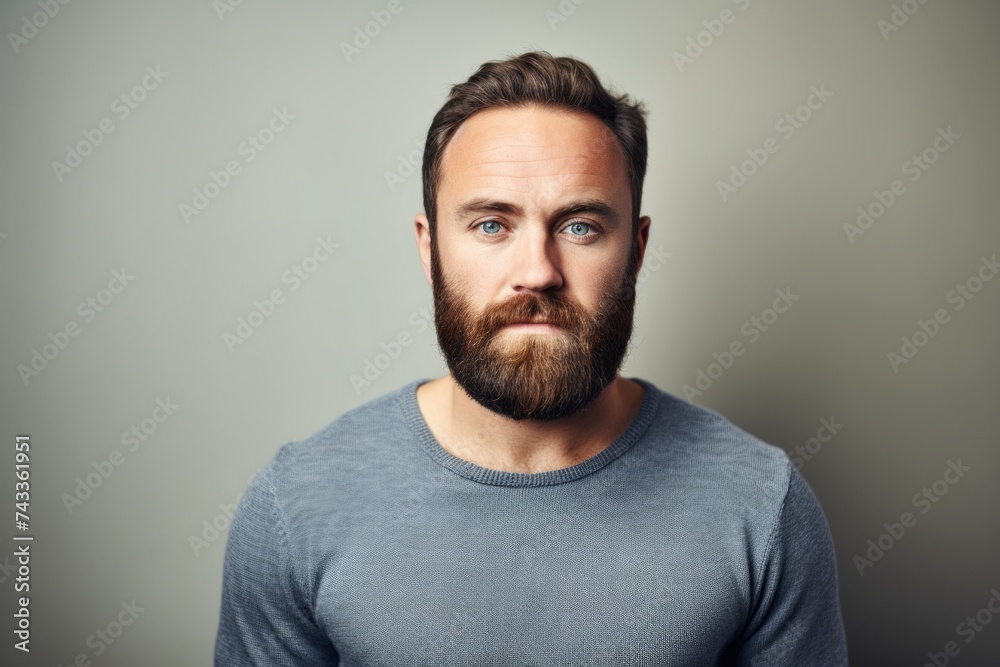 Portrait of a handsome young man with beard and mustache over grey background. Portrait of a handsome young man with beard and mustache over grey background.
