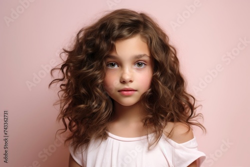 Portrait of a beautiful little girl with long curly hair on a pink background