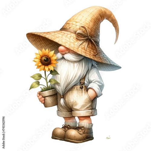 Garden Gnomes with Sunflowers in Rustic Settings: Charming garden gnomes wearing large hats, surrounded by bright sunflowers, evoke a sense of rustic peace and nature's beauty.