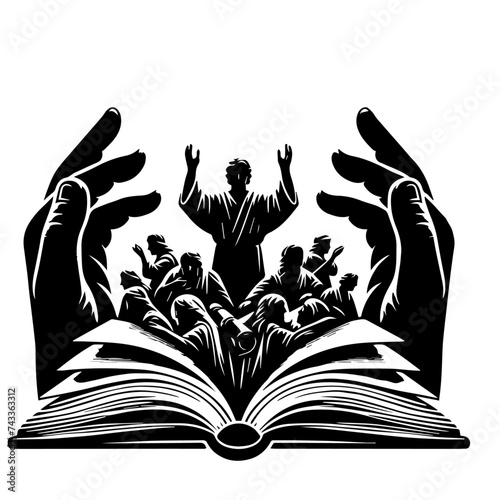 open book with hands and people silhouette vector on white background 