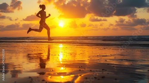 Witness the breathtaking silhouette of a runner, making strides on a seaside beach as the sun dips below the horizon. Ai Generated. © Nattakun