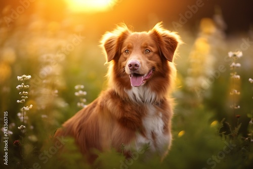Nova scotia duck tolling retriever dog sitting in meadow field surrounded by vibrant wildflowers and grass on sunny day ai generated