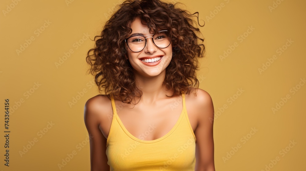 Studio portrait of a cheerful young woman with shaggy curly hair, smiling brightly. Ai Generated. Studio portrait of a cheerful young woman with shaggy curly hair, smiling brightly. Ai Generated.