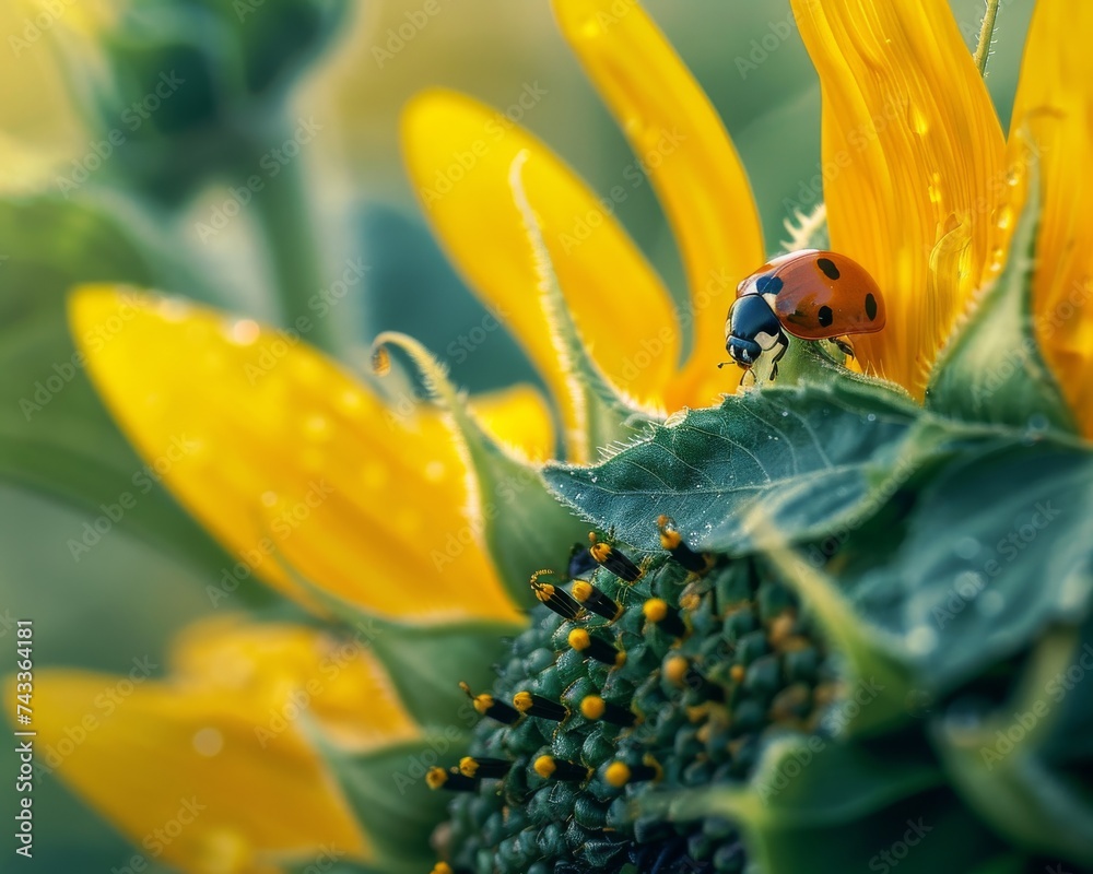 Close-up of a ladybug on a sunflower, a tiny traveler amid a sea of golden petals.