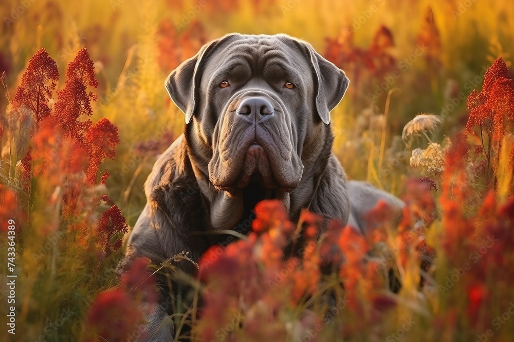 Neapolitan mastiff dog sitting in meadow field surrounded by vibrant wildflowers and grass on sunny day ai generated - obrazy, fototapety, plakaty 