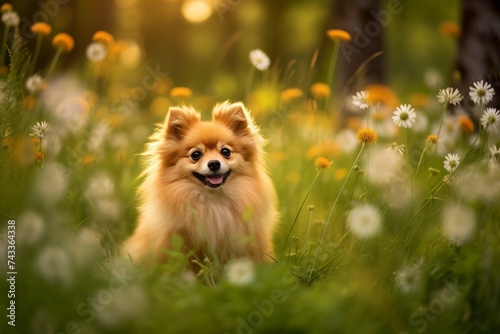 Pomeranian dog sitting in meadow field surrounded by vibrant wildflowers and grass on sunny day ai generated © stocksbyrs