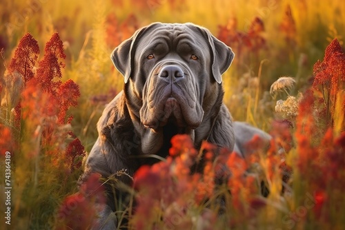 Neapolitan mastiff dog sitting in meadow field surrounded by vibrant wildflowers and grass on sunny day ai generated