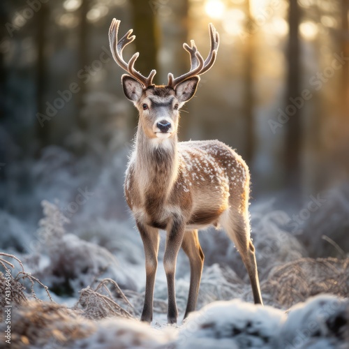 A reindeer stands on the frosted grass on an early winter morning in a snowy pine forest. winter animals, beautiful scenery