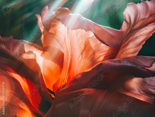Sunlight streams through translucent tulip petals, casting a warm, fiery glow.