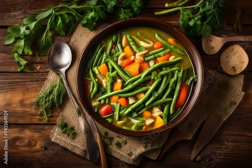 homemade vegetarian lunch green bean soup with vegetables on wooden table top view. Creative Banner. Copyspace image