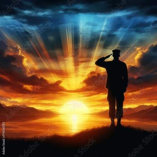 USA army soldier with nation flag. Silhouettes of soldiers with USA flag against the backdrop of a sunset. Greeting card for Veterans Day, Memorial Day, Independence Day. USA celebration. Patriotism,  © surajmaharzan