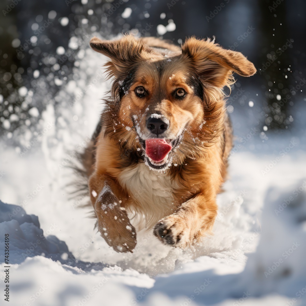 active dog Lammadore plays with a ball Run and play in the snow, surrounded by nature.