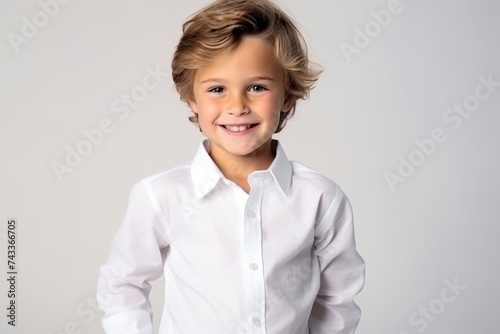 Portrait of a cute little boy in a white shirt on a gray background