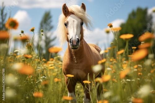 Cute horse on a meadow with flowers