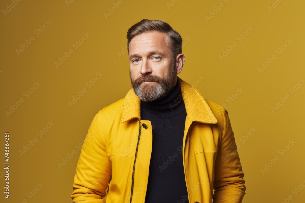 Portrait of a stylish bearded man in a yellow jacket on a yellow background Portrait of a stylish bearded man in a yellow jacket on a yellow background