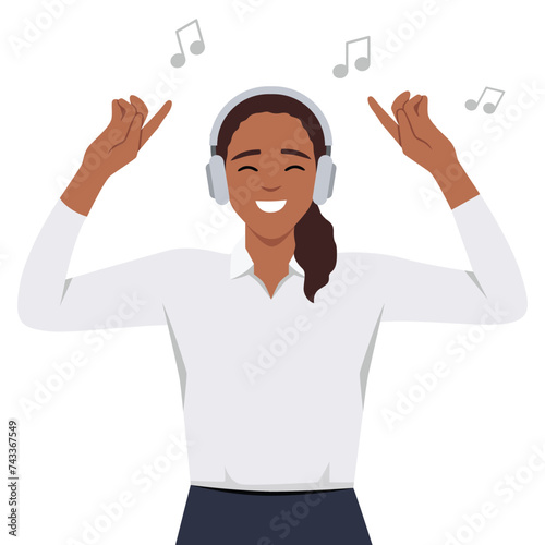 Beautiful brunette woman listening to music with earphones or headset. Flat vector illustration isolated on white background