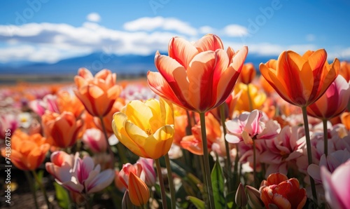 closeup landscape of tulip fields  beautiful colors under the blue sky