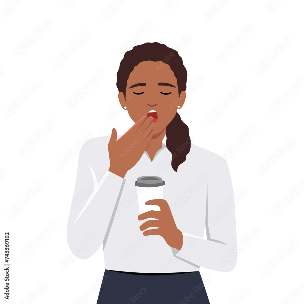 Young business woman holding a cup of coffee and yawning in the morning. Flat vector illustration isolated on white background Young business woman holding a cup of coffee and yawning in the morning. Flat vector illustration isolated on white background