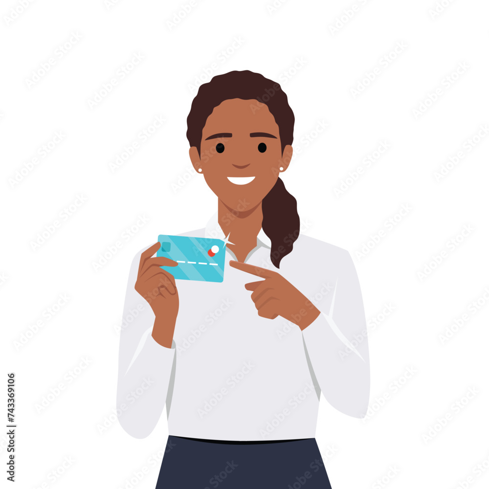 Professional young businesswoman showing or holding credit or debit or ATM banking card and pointing hand finger towards, presenting or introducing something. Professional young businesswoman showing or holding credit or debit or ATM banking card and pointing hand finger towards, presenting or introducing something.