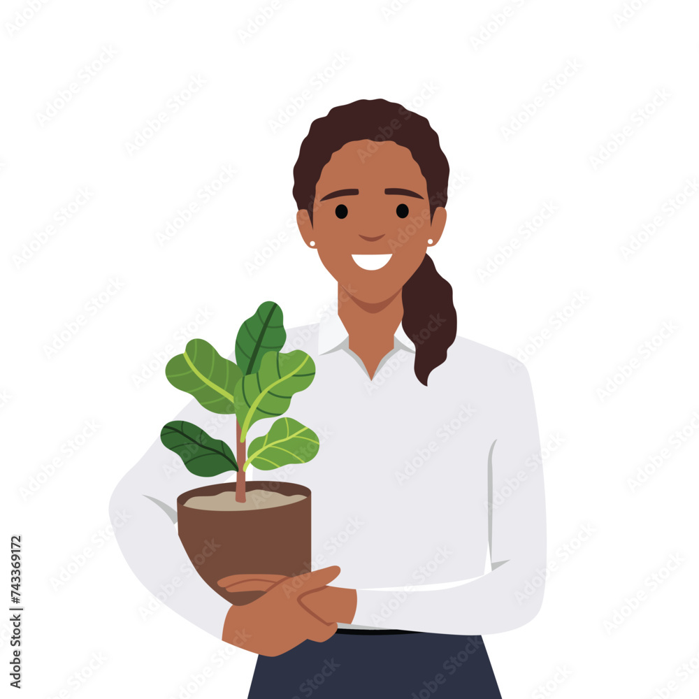 Young woman in cozy room holds pot with a plant in her hands. Concept of growing and caring house plants. Gardener takes care of the home garden Young woman in cozy room holds pot with a plant in her hands. Concept of growing and caring house plants. Gardener takes care of the home garden