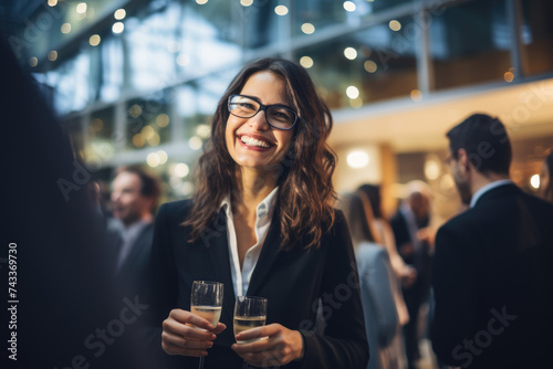 Happy beautiful businesswoman laughing while holding drink glass during networking event at convention center