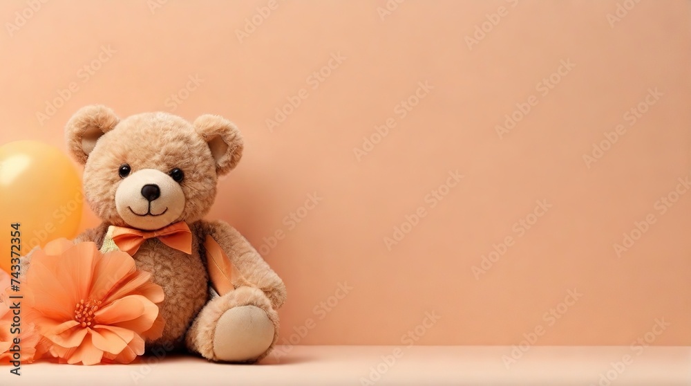 Cute teddy bear and balloons on peach fuzz background, concept of valentines day or birthday cards in trendy 2024 colors, space for text - obrazy, fototapety, plakaty 