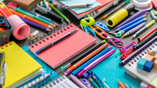 An overhead shot of a desk covered in various school supplies including notebooks folders and highlighters representing the backtoschool shopping rush.