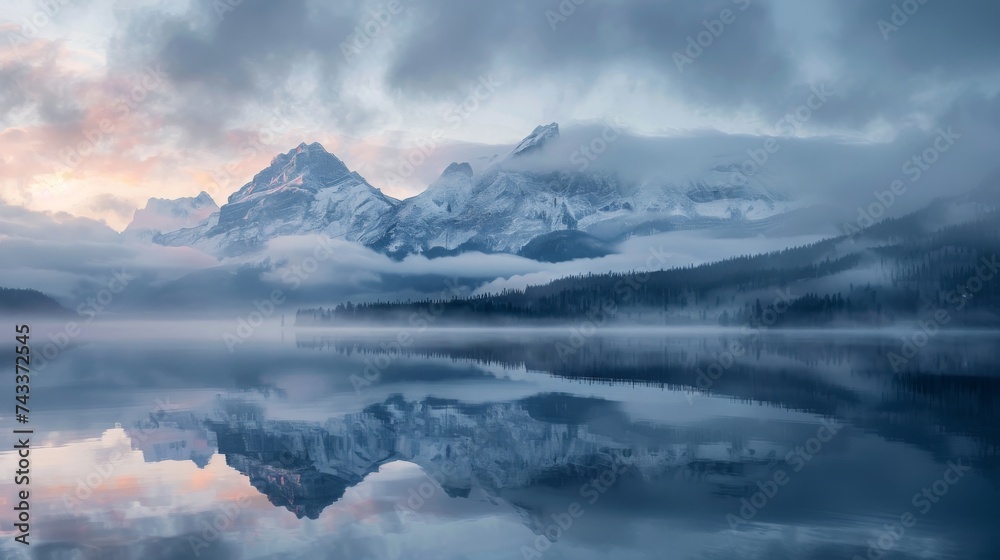 The serene mountain landscape was bathed in the warm glow of a fiery sunset, casting an awe-inspiring vista over the snow-covered peaks and misty valleys.
