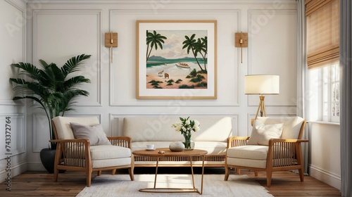 Photorealistic ai artwork of a living room interior with a picture framed on the wall. Template. Generative ai.
