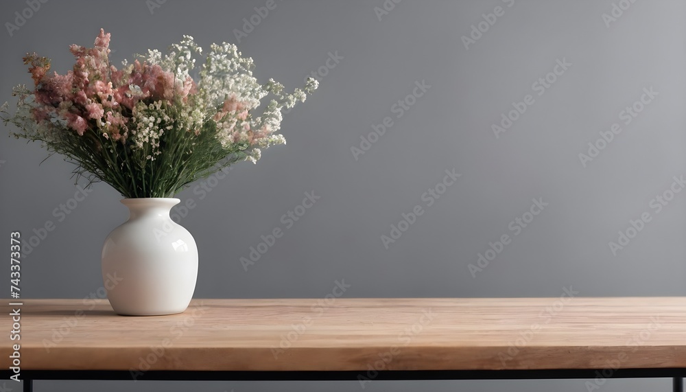 Minimal Scandinavian contemporary empty wooden table with sunlight. Simplistic Home, flower, plants.