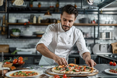 Professional chef preparing pizza in the modern kitchen restaurant