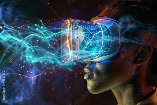 Hi-resolution photorealistic ai artwork of a futuristic VR headset or goggles being used by a human with glowing light beams emanating from the technology. Generative ai.