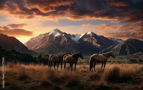 Photorealistic ai artwork of a landscape with horses in the mountains at sunset or sunrise. Generative ai.