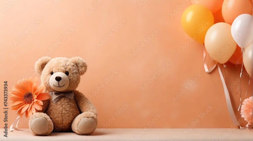 Cute teddy bear and balloons on peach fuzz background, concept of valentines day or birthday cards in trendy 2024 colors, space for text - obrazy, fototapety, plakaty 