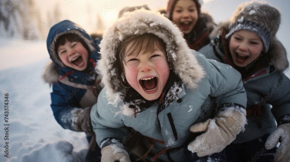 Four children are laughing in the snow. Generative AI.